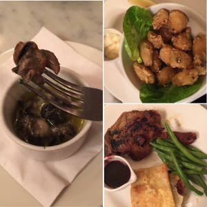 Snails in herb and garlic butter, tempura mussels and confit duck with cherry sauce